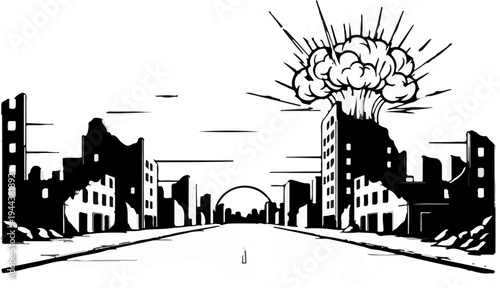 Cityscape in ruins after a massive explosion, destruction