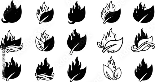 Collection of black and white icons depicting flames and leaves