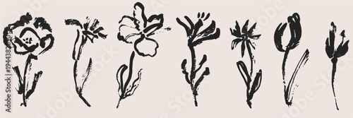 Artistic ink sketched wild flowers and garden plants set. Expressive botanical illustrations for greeting cards, home decor, and creative nature design.