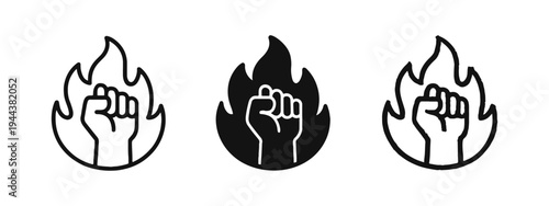 Raised Fist in Flame Protest Icon Set
