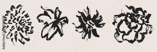 Textured hand drawn flower heads and botanical sketches set. Creative charcoal style floral art for fabric prints, cards, and natural graphic design.