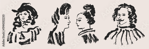 Vintage inspired historical portraits set. Hand drawn artistic character profiles for creative storytelling, themed branding, and antique aesthetic projects.