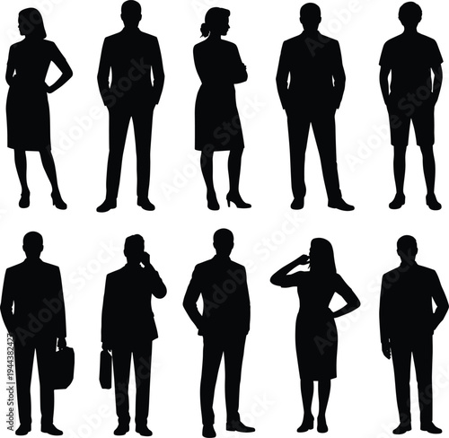 Silhouettes of ten diverse individuals in business and casual attire, standing in rows with varied professional and expressive postures