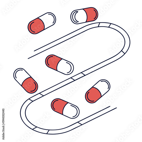 Red and white pills and capsules on white background