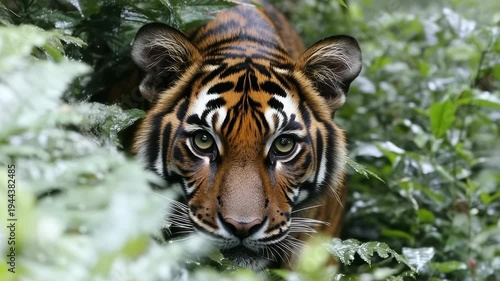 Wallpaper Mural A close-up portrait of a tiger, its face peering through lush green foliage Torontodigital.ca