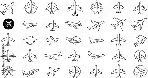 Collection of diverse airplane icons, sketched with clean lines