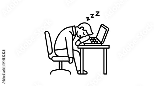 Man sleeping at desk with laptop in minimalist line drawing style  