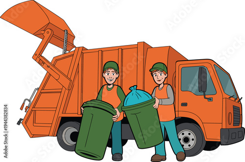 Sanitation workers collecting garbage bins, waste management truck service, recycling team illustration, city cleaning workers, environmental sanitation cartoon