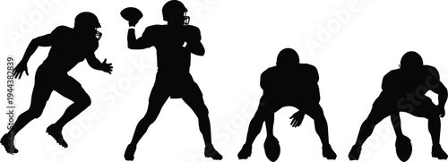 American football players silhouette set, quarterback throwing ball and athletes in action isolated on white background illustration