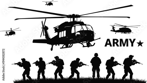 army helicopter and soldiers silhouette illustration, military combat team with rifles, armed forces aviation concept, war defense tactical vector