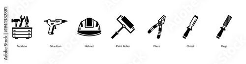Toolbox Set web banner icon vector illustration featuring Toolbox, Glue Gun, Helmet, Paint Roller, Pliers, Chisel, and Rasp.