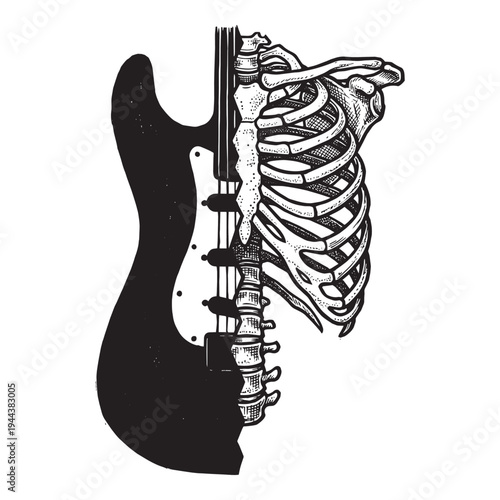Half Electric Guitar Half Skeleton Spine Music Concept Vector