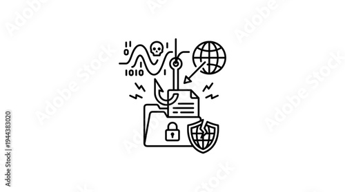 Cybersecurity concept with phishing, data protection, and globe illustration  