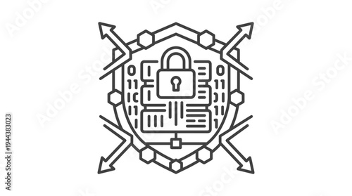 Cybersecurity shield with padlock and data protection symbols  