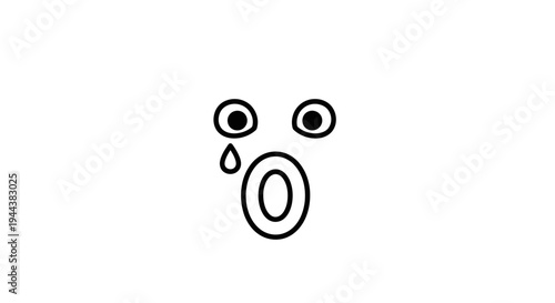 Crying Cartoon Face Emoji, Sad Expression, Tear Drop, Shocked Mouth, Simple Line Art