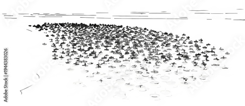 Dense crowd of abstract figures with a textured, washed-out aesthetic