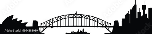 Sydney skyline silhouette with Harbour Bridge and Opera House isolated on white background, famous Australia city landmark vector illustration