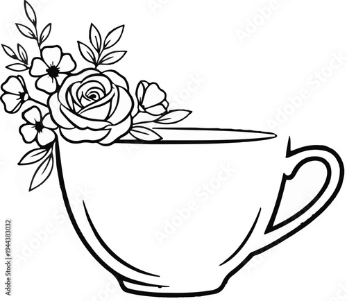 Delicate floral arrangement atop a clean lined teacup, black and white sketch