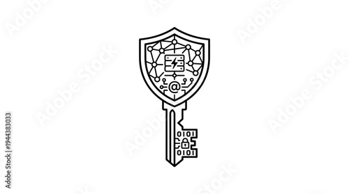 Key with shield design featuring digital protection elements  