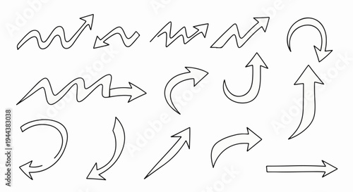 Collection of diverse hand-drawn arrow shapes, lines, and curves