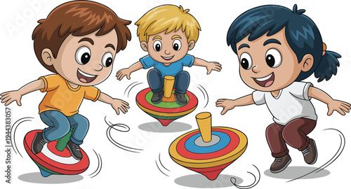 Happy kids playing spinning tops, colorful childhood toy game, playful children cartoon illustration, fun activity, friendship, traditional playtime