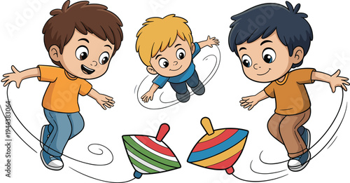 Happy children playing spinning tops, colorful cartoon kids toy fun, playground friendship childhood activity, playful learning game, cute vector illustration