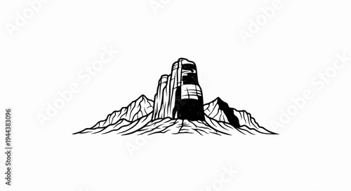 Dramatic black and white illustration of a towering rock formation