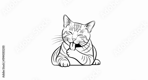 Close up of a cartoon cat licking its paw and face with its tongue out