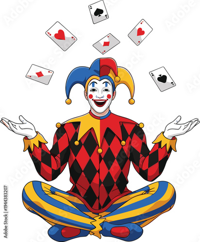 Jester Juggling Playing Cards Sitting Cross Legged Harlequin Character Vector Illustration