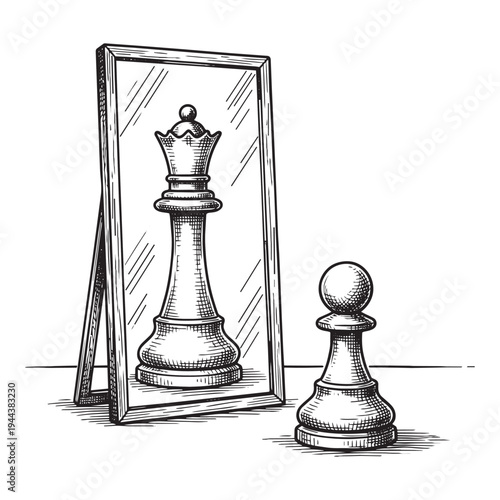 Chess Pawn Looking in Mirror Seeing Queen Strategy Concept Vector