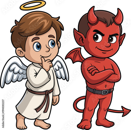 Cute angel and devil characters, good versus evil concept, cartoon heaven and hell mascots, moral choice illustration