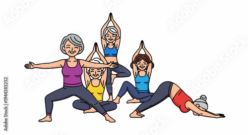 Diverse women practicing yoga together, smiling and holding poses