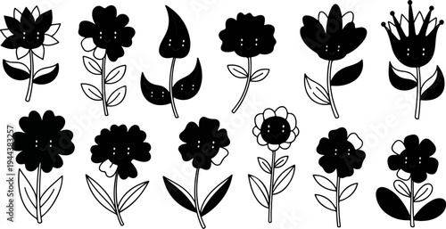 Collection of diverse, smiling cartoon flowers in black and white