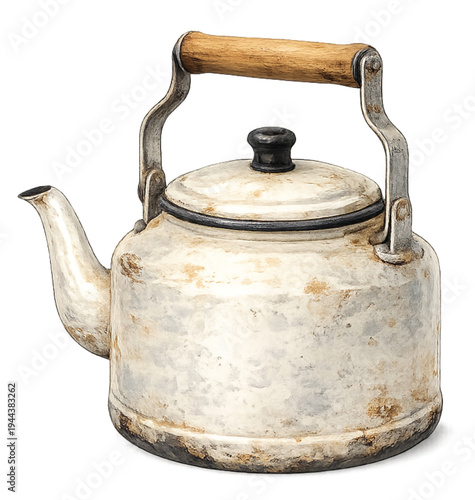 Vintage enamel kettle watercolor illustration isolated on transparent background