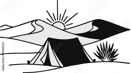 Desert camping with tent, sand dunes, rising sun, and sparse vegetation