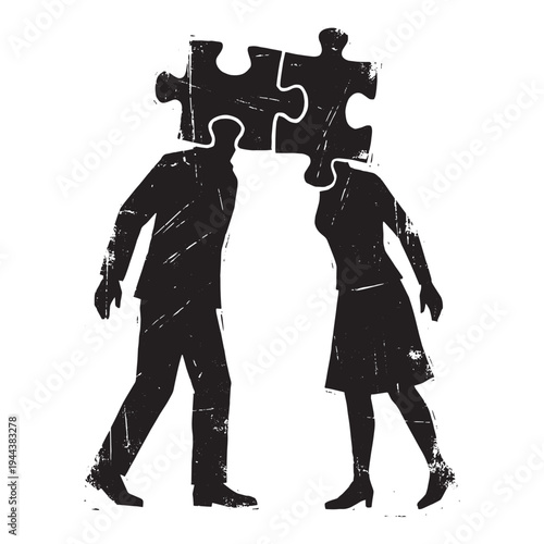 Man and Woman Interlocking Puzzle Piece Heads Relationship Vector