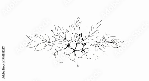 Delicate hand-drawn botanical illustration of a floral arrangement with leaves