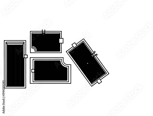 Diverse swimming pool designs, varying shapes, some with lanes, some for recreation