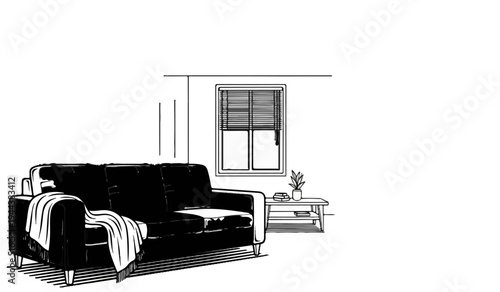 Cozy living room scene with a couch, blanket, and window