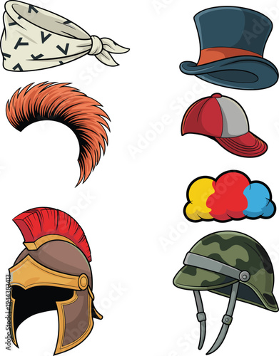 Collection of cartoon hats and helmets, vintage top hat, baseball cap, military helmet, roman helmet, wig, bandana illustration