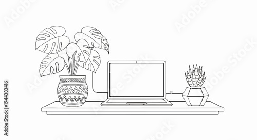 Desk setup with laptop, monstera, and succulent in decorative pots