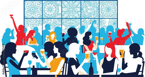 Diverse group of people celebrating with drinks in a vibrant social gathering