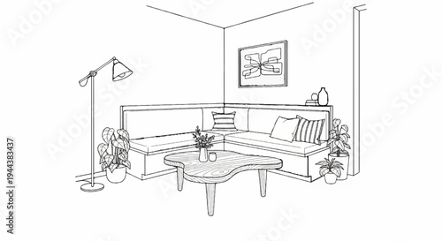 Cozy corner with sectional sofa, coffee table, floor lamp, and plants