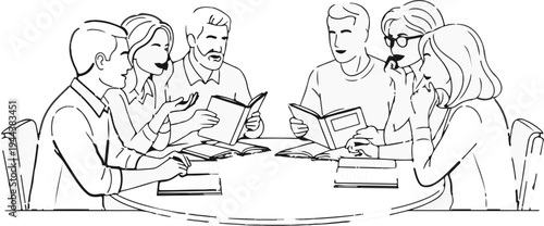 Diverse group discusses topics around a table with open books
