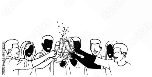 Diverse group cheers with champagne glasses, celebrating a joyful occasion