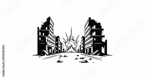 Destroyed city street with buildings crumbling during a massive explosion