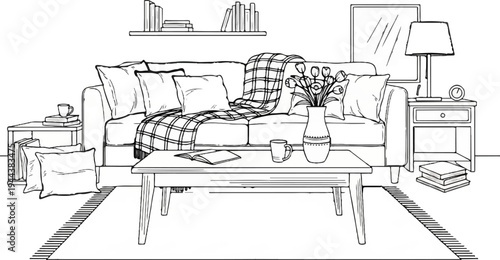 Cozy living room scene with a sofa, coffee table, and side table