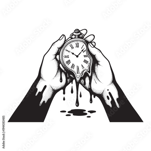 Hands Holding Surreal Melting Pocket Watch Time Illusion Vector