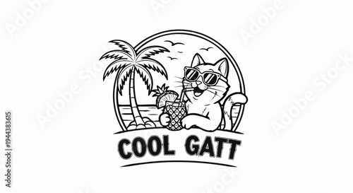 Cat wearing sunglasses, holding a pineapple drink on a beach