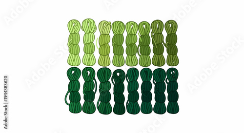 Colorful bundles of yarn in varying shades of green